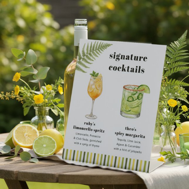 Expositor En L Citrus Green Stripe Wedding Signature Drink Bar (Signature cocktails bar sign from the Citrus Green Wildflower wedding collection by Darling & May)