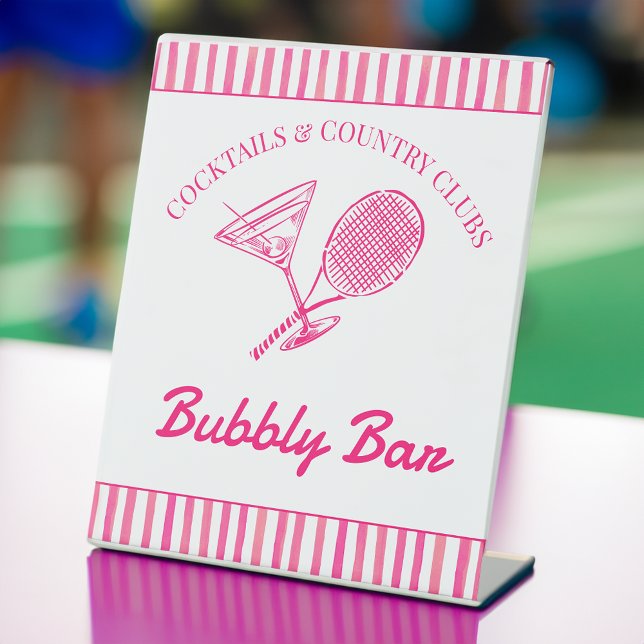 Expositor En L Cocktails y clubes de campo tenis Bachelorette (Cocktails and country clubs pink tennis themed Bachelorette party bubbly bar Pedestal Sign)