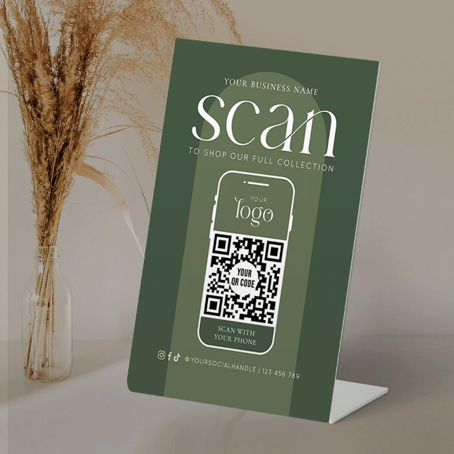Expositor En L Cód. QR escaneable para el Boho Sage Green Busines (Scan to pay boho sage green pedestal sign with QR code and your logo)