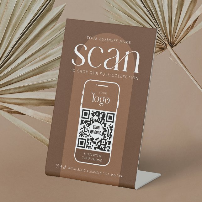 Expositor En L Cód. QR escaneable para negocios Boho Terracotta m (Elegant bohemian QR code sign with terracotta arch design with space for your scannable URL code)