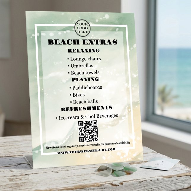 Expositor En L Código QR de Alquiler de Playa Costera (Pedestal sign featuring an elegant soft seafoam watercolor design for beach rentals and refreshments)