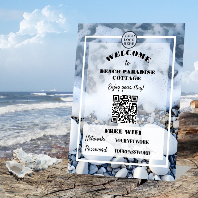 Expositor En L Código QR de bienvenida para huéspedes de casa de  (Beach House Guest Welcome Free Wi-Fi QR Code Pedestal Sign)