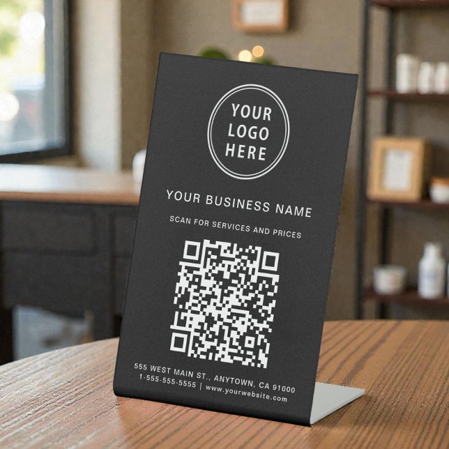 Expositor En L Código QR de conexión de escaneo Logo de negocio n (Business Logo Scan Me QR Code Black Pedestal Sign)