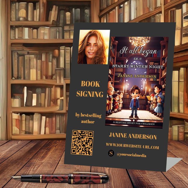Expositor En L Código QR de la firma del libro de autor (Author book signing business tabletop sign template. With custom photos, QR code and social media )