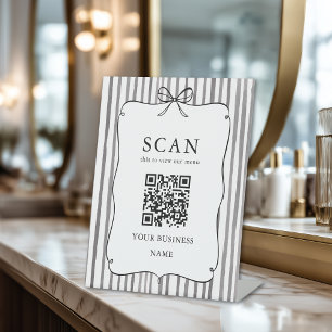 Expositor En L Código QR de Menú con Lazo Vintage de Franja Blanc