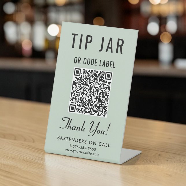 Expositor En L Código QR de propina en verde sage para mesa (Tip Jar QR Code Sage Green Tabletop Pedestal Sign)