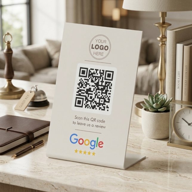 Expositor En L Código QR de Reseña de Beige Neutro Elegante (Elegant Beige & Neutral Custom Business Review QR Code Sign)