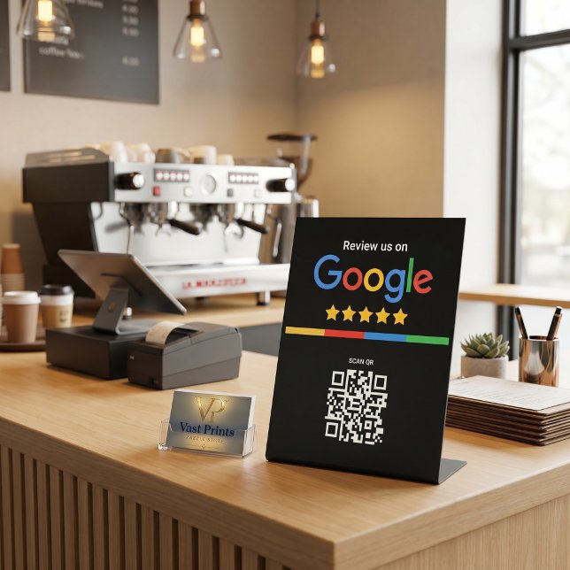 Expositor En L Código QR de reseña de Google Negro (Google Review QR Code Black Pedestal Sign)