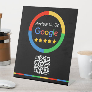 Expositor En L Código QR de reseña de Google negro en pedestal de