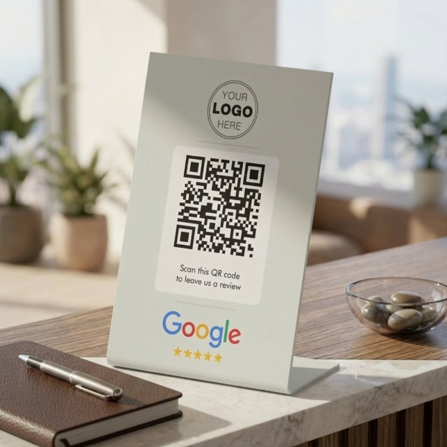 Expositor En L Código QR de reseñas comerciales personalizadas en (Custom QR Code Review Sign for Business — Personalized Logo Tabletop Display for Salon.)