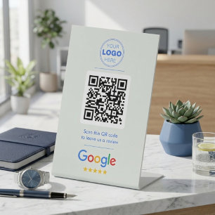 Expositor En L Código QR de reseñas de negocios moderno azul y bl