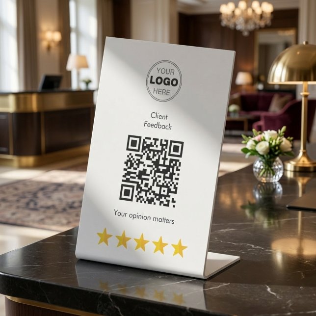 Expositor En L Código QR de retroalimentación de lujo 5 estrellas (Luxury QR Code Stand for Client Reviews | Sleek White Pedestal Sign)