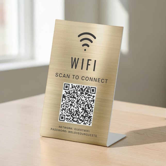 Expositor En L Código QR de Wifi para conectar Oro (Wifi QR Code Scan To Connect Gold Pedestal Sign)