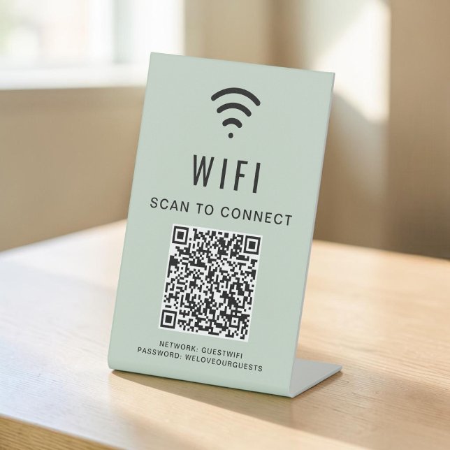 Expositor En L Código QR de Wifi Verde Sage para Conectar (Wifi QR Code Sage Green Scan To Connect Pedestal Sign)