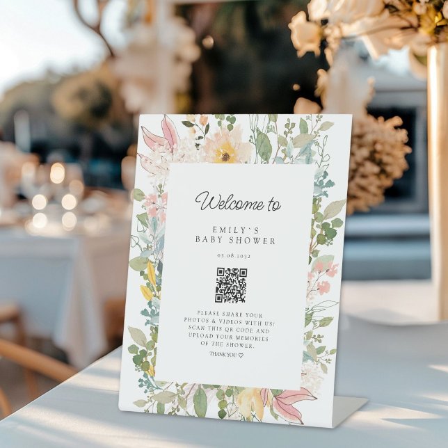 Expositor En L Código QR de Wildflower Garden Charm Baby Shower (Custom Wildflower Garden Charm Baby Shower QR Code Pedestal Sign, for a Photo Gallery.)