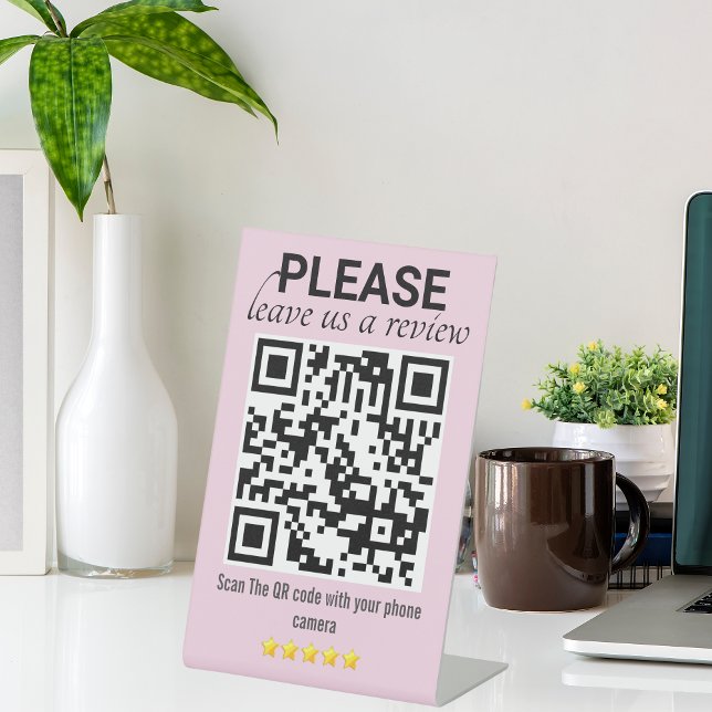 Expositor En L Código QR "Dejar una Revisión" elegante y moderno (Pink Sleek & Modern "Leave a Review" QR Code Pedestal Sign)