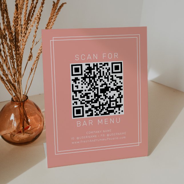 Expositor En L Código QR del menú de la barra de coral de melocot (AVERY Minimal Blush Peach Coral Bar Menu QR Code Pedestal Sign)