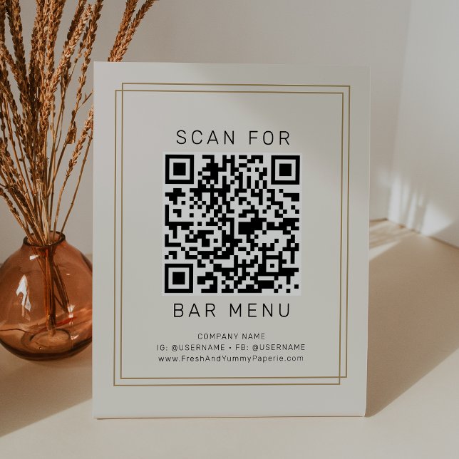 Expositor En L Código QR del menú de la barra de oro negro y crem (AVERY Chic Gold Black and Cream Bar Menu QR Code Pedestal Sign)