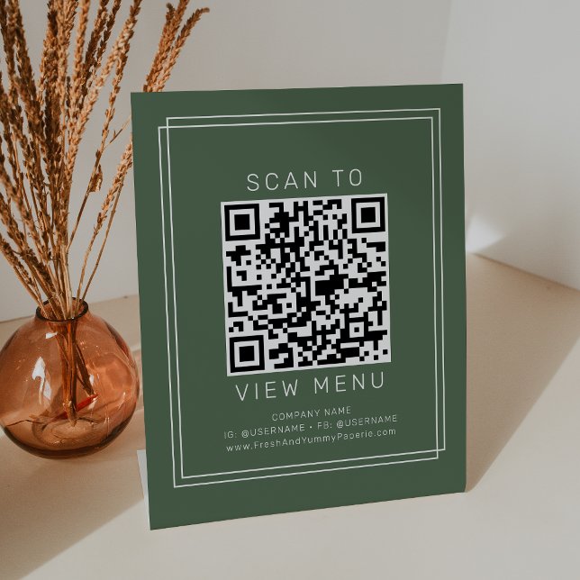 Expositor En L Código QR del menú del restaurante de color verde  (AVERY Rustic Dark Green Restaurant Menu QR Code Pedestal Sign)