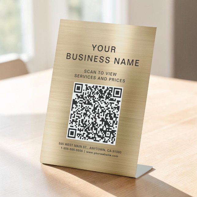 Expositor En L Código QR dorado de Business Scan To Connect (Business Scan To Connect Gold QR Code Pedestal Sign)