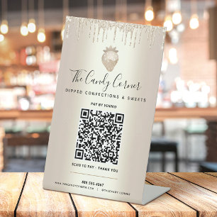 Expositor En L Código QR dorado Paga aquí Fresa Brillo Goteo