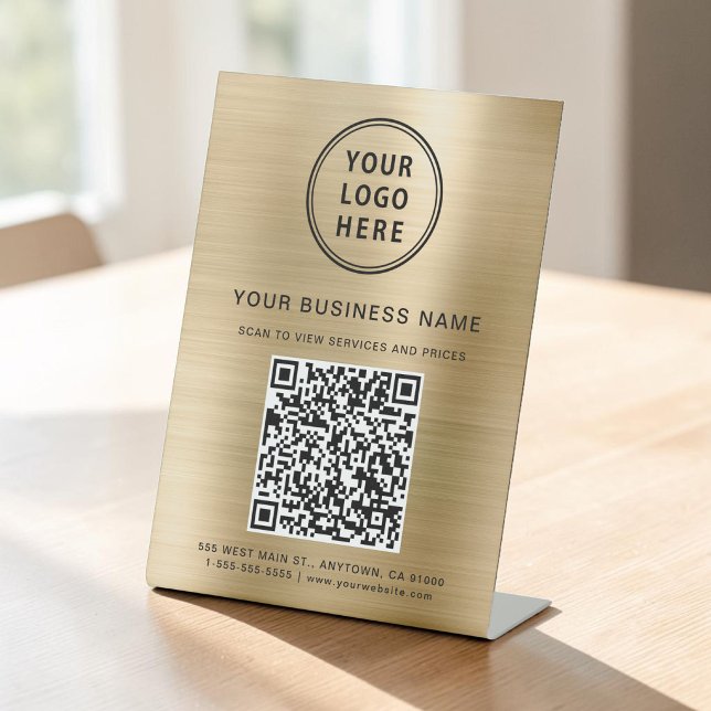Expositor En L Código QR empresarial y logotipo metálico dorado (Business QR Code and Logo Metallic Gold Pedestal Sign)