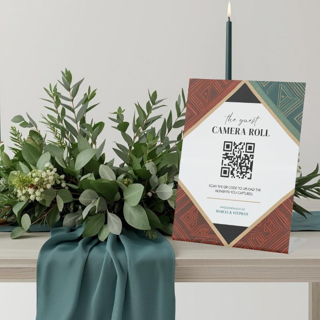 Expositor En L Código QR geométrico moderno de rollo de cámara de (QR Code Photo Sharing Wedding Sign)