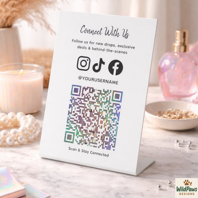 Expositor En L Código QR holográfico de moda | Conéctate con noso (Trendy Holographic QR Code | Connect With Us Pedestal Sign
)