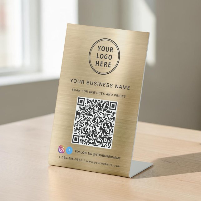 Expositor En L Código QR Logo Empresarial Redes Sociales Dorado (QR Code Business Logo Social Media Gold Pedestal Sign)