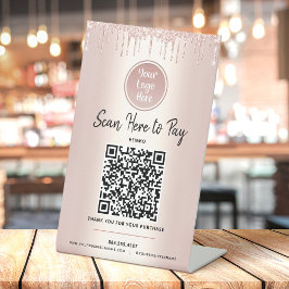 Expositor En L Código QR Paga Aquí Brillo Rosa Dorado Logo Person