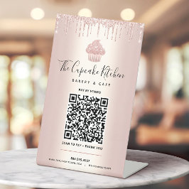 Expositor En L Código QR Paga Aquí Cupcake Rosa Dorado Glitter Pa