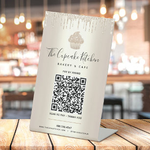Expositor En L Código QR Pagar Aquí Cupcake Dorado Brillante Gote