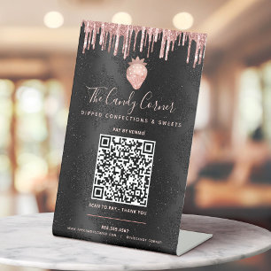 Expositor En L Código QR Pagar Aquí Fresa Rosa Brillo Negro