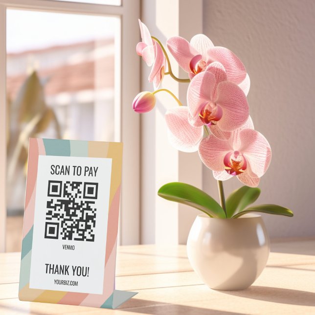 Expositor En L CÓDIGO QR PARA PAGAR ESCANEANDO  Rayas de Arcoíris (SCAN TO PAY QR CODE Pastel Rainbow Stripes Pedestal Sign
)
