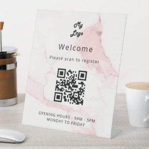 Expositor En L código QR registro de clientes bienvenida de mármo
