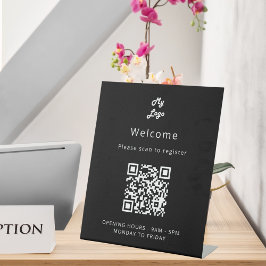 Expositor En L código QR registro de clientes bienvenida en blanc