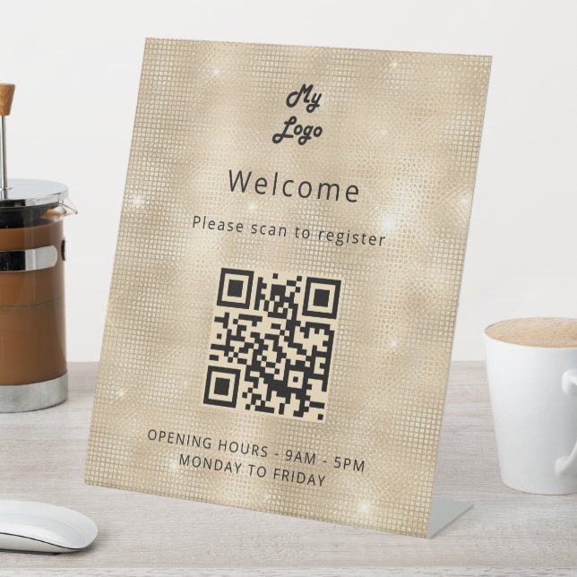 Expositor En L código QR registro de clientes oro bienvenido (In Situ)