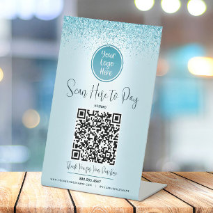 Expositor En L Código QR Turquesa Brillo Logo Personalizado Pague