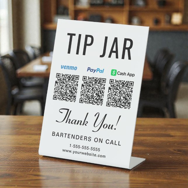 Expositor En L Códigos QR de Propina Venmo Paypal Cashapp Mesa (Tip Jar Venmo Paypal Cashapp QR Codes Tabletop Pedestal Sign)