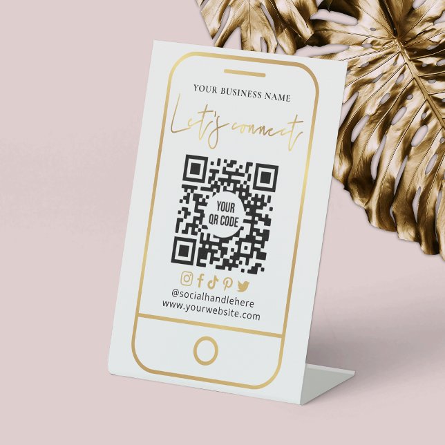 Expositor En L Conectemos el código QR blanco y dorado escaneado (Connect with clients with this faux gold and white social media QR code pedestal sign)