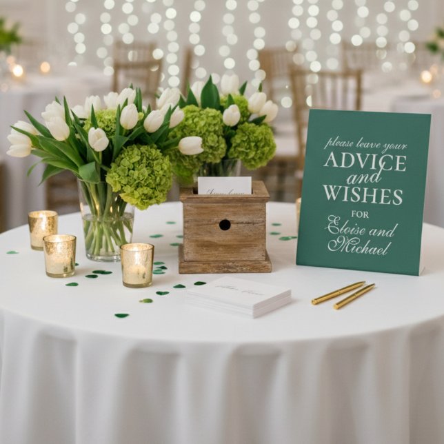 Expositor En L Consejos y deseos verdes modernos y sabios Boda (Invite your guests to share their well wishes with this Sage Green “Advice & Wishes" sign!)