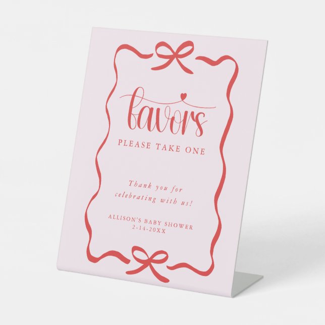 Expositor En L Coquette bow heart pink red baby shower favors (Anverso)
