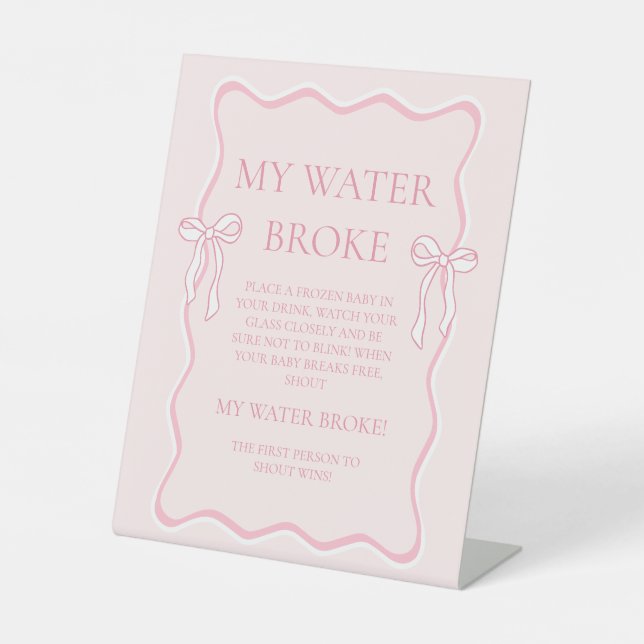 Expositor En L Coquette Pink Bow Baby Shower My Water Broke Game (Anverso)