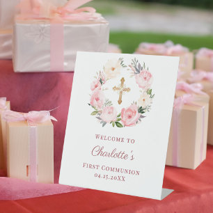 Expositor En L Corona floral rosa Bienvenida a la Primera Comunió