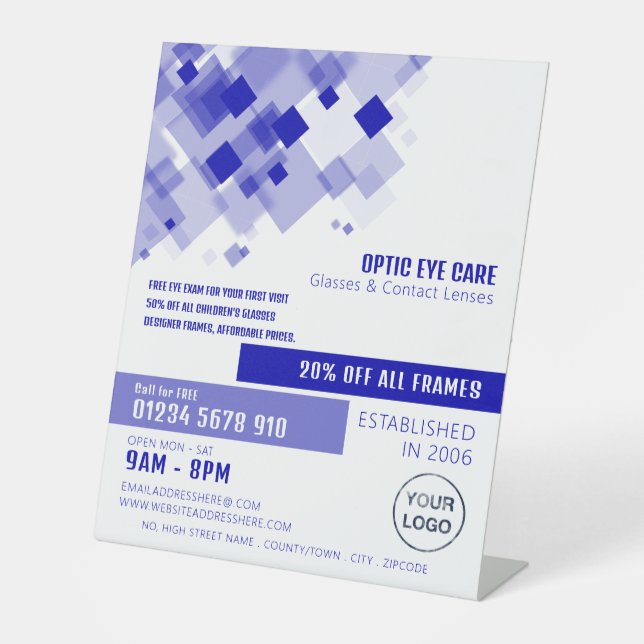 Expositor En L Cuadrados azules, óptico, profesional técnico (Anverso)