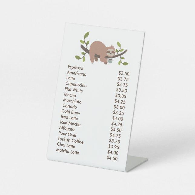 Expositor En L Custom Acrylic Pedestal Menu Sign with Sloth  (Anverso)