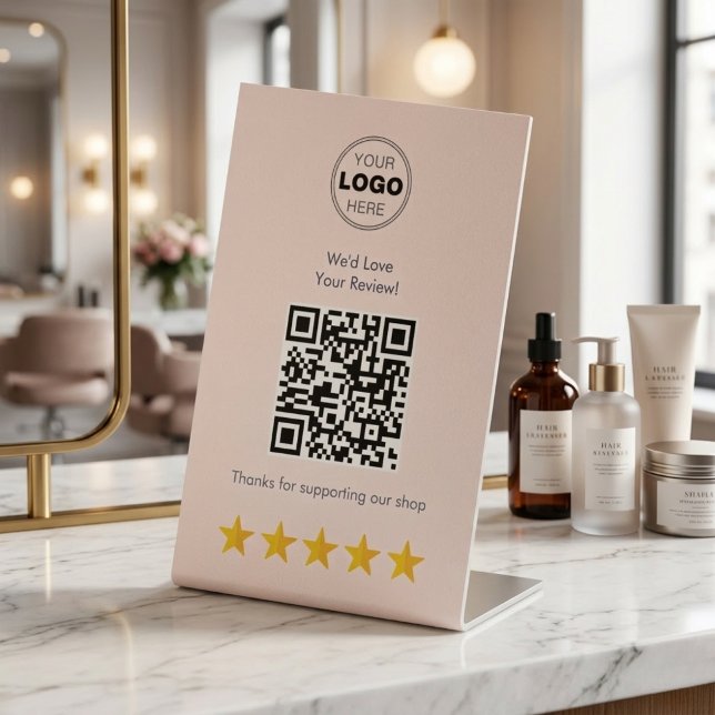 Expositor En L Cute Blush Pink Customer Review QR Code (Boost Your Small Biz Reviews! Cute Blush Pink QR Code Pedestal Sign for Salons & Cafes)