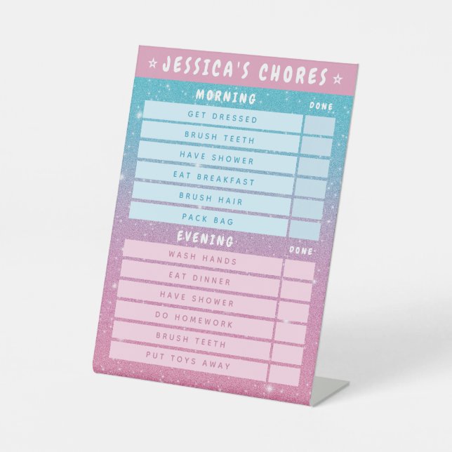 Expositor En L Cute Girly Pink Blue Glitter Kids Daily Chores  (Anverso)