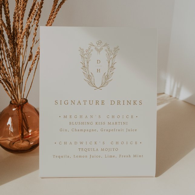 Expositor En L DAPHNE Simple Cream Gold Boda firma bebida (DAPHNE Simple Cream Gold Wedding Signature Drink Pedestal Sign)