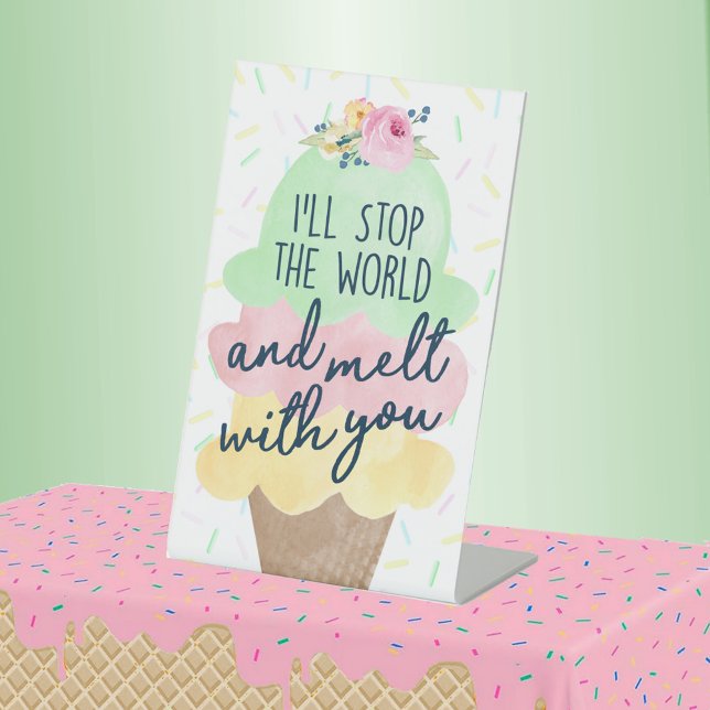 Expositor En L Deja el mundo y derrite con tu Fiesta de helado (Ill Stop The World and Melt With You Watercolor Ice Cream Bridal Shower Pedestal Table Sign)